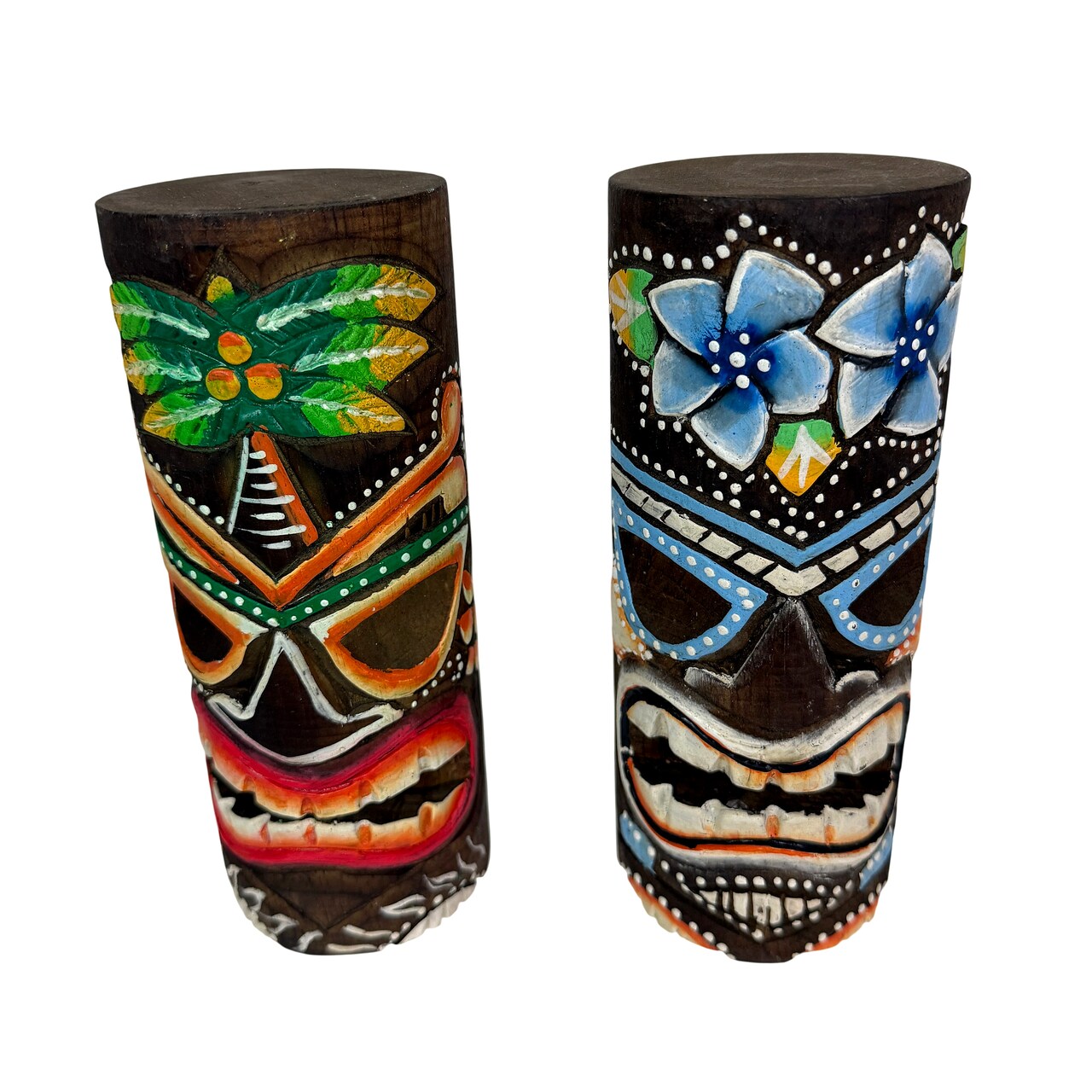 Set of 2 Wooden Tiki Statues 8 in Hand Painted Palm Flower Shelf Decor